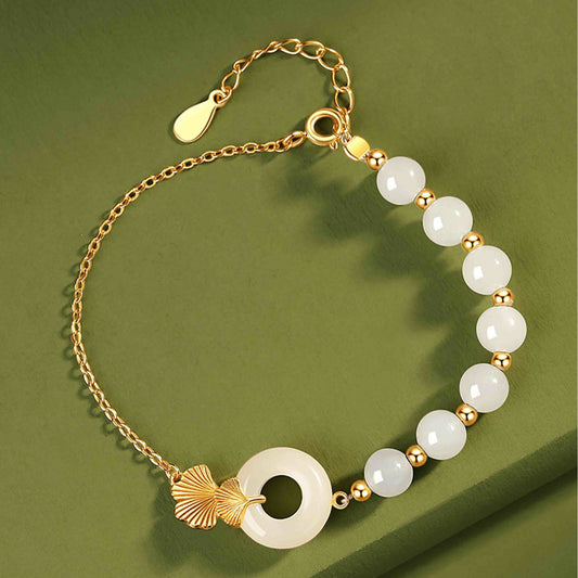 Jade  925 Sterling Silver Hetian White Jade Peace Buckle Ginkgo Leaf Luck Bracelet