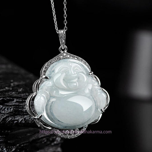 Buddha Energy Necklace 925 Sterling Silver Laughing Buddha Natural Jade Abundance Necklace Pendant