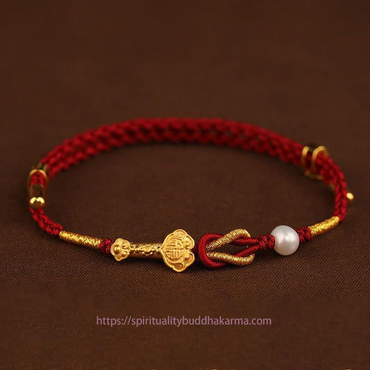 Ancient Tibetan Buddhist Red String Tradition  24K Gold Wish Ruyi Handle Fu Character Rabbit Pearl Luck Braided Bracelet