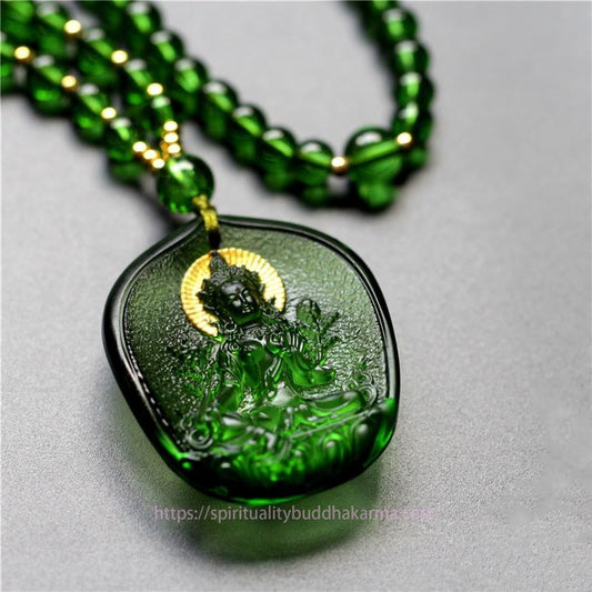 Buddha Energy Necklace Tibetan Green Tara Buddha Gold Plated Liuli Crystal Protection Necklace Pendant