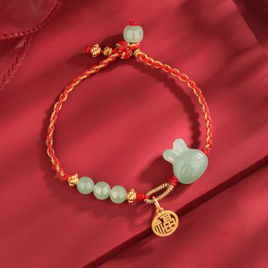 Jade  925 Sterling Silver Year of the Rabbit Hetian Jade Happiness Luck Red String Bracelet