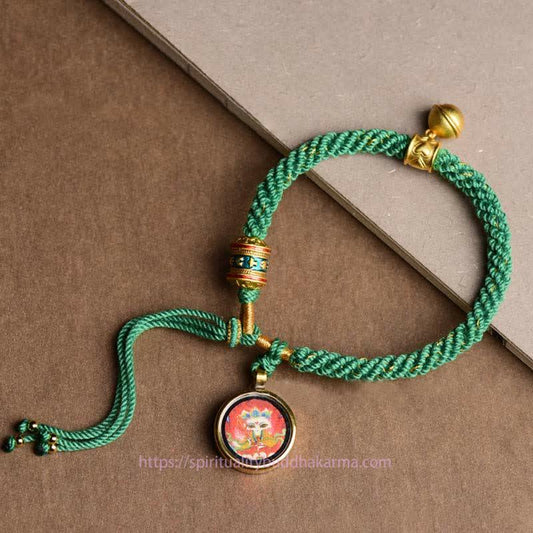 Ancient Tibetan Buddhist Red String Tradition  Tibetan Five God Of Wealth Thangka Luck Prayer Wheel Bell Braid String Bracelet