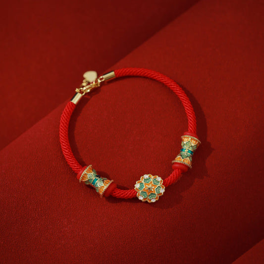 Ancient Tibetan Buddhist Red String Tradition  Dunhuang 925 Sterling Silver Lotus Drum New Beginning Red Rope Bracelet