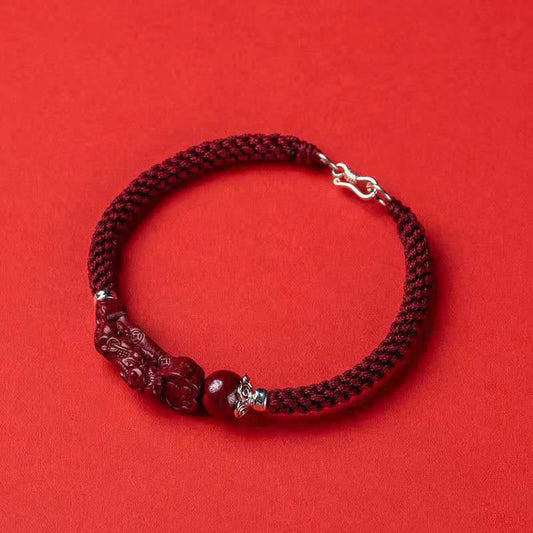 Ancient Tibetan Buddhist Red String Tradition  Handcrafted PiXiu Cinnabar Wealth Luck Braided Bracelet