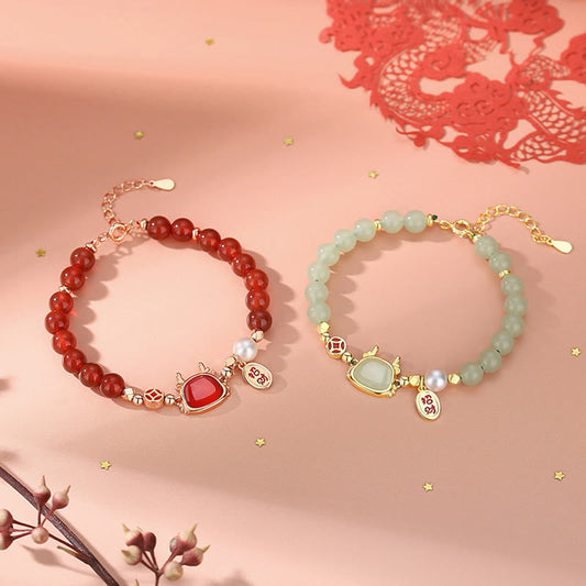 Jade  925 Sterling Silver Year of the Dragon Natural Red Agate Hetian Jade Attract Fortune Success Bracelet