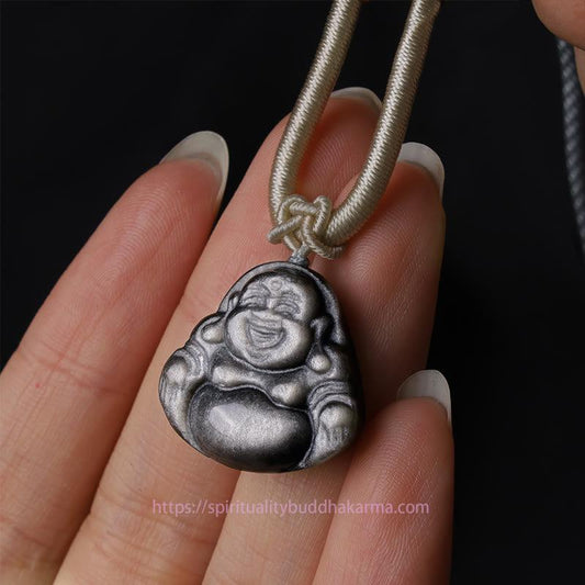 Buddha Energy Necklace Natural Silver Sheen Obsidian Laughing Buddha Protection Necklace Pendant