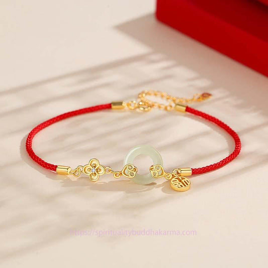 Ancient Tibetan Buddhist Red String Tradition  999 Sterling Silver Hetian Jade Peace Buckle Fu Character Luck Red Rope Bracelet