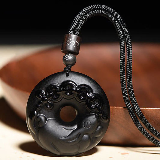 Spirituality Buddha Karma Chinese Zodiac Natural Black Obsidian Peace Buckle Strength Necklace Pendant