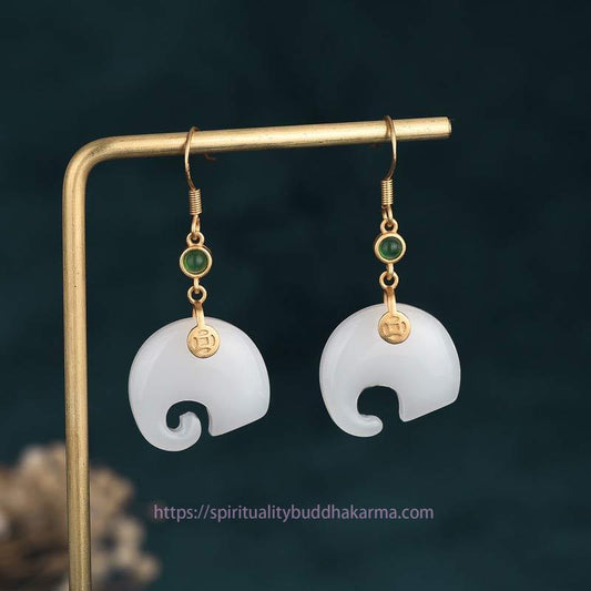 Jade  FengShui Elephant White Jade Fortune Earrings