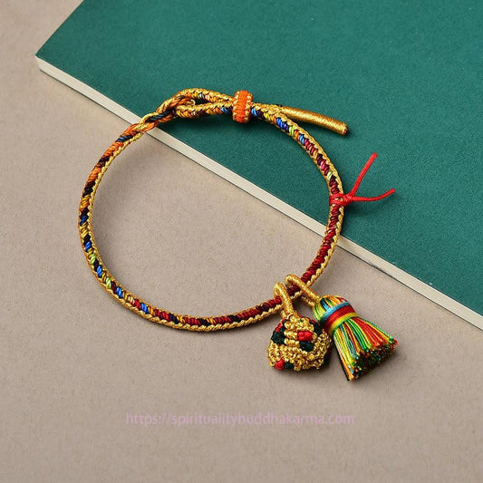 Ancient Tibetan Buddhist Red String Tradition  Colorful Rope Luck Handmade Zongzi Golden Ball Charm Bracelet