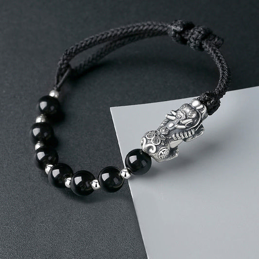 Spirituality Buddha Karma 999 Sterling Silver FengShui PiXiu Natural Black Obsidian 925 Sterling Silver Bead Strength Bracelet