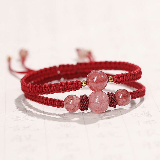 Spirituality Buddha Karma Natural Strawberry Quartz Crystal Love Red String Weave Bracelet Anklet