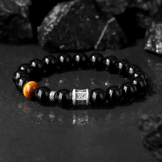 Spirituality Buddha Karma 999 Sterling Silver Black Obsidian Tiger Eye Om Mani Padme Hum Fulfillment Bracelet