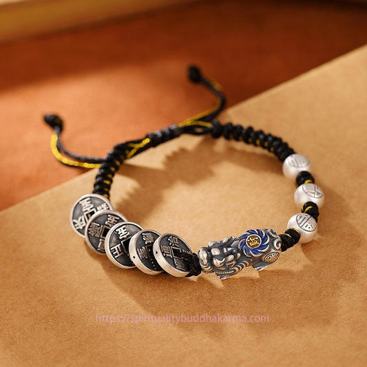 Ancient Tibetan Buddhist Red String Tradition  999 Sterling Silver FengShui PiXiu Copper Coin Fu Character Wealth Braided Bracelet