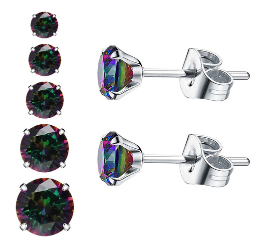 4-8mm Mystic Rainbow Zirconia Stud Earrings - Hypoallergenic 316L Stainless Steel Backs Men Women